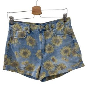 American Eagle Mom Short High Rise Cuffed Hem Yellow Sunflowers Blue Denim Sz 6